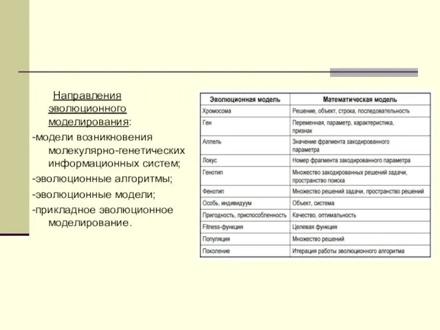 Направления эволюционного моделирования: -модели возникновения молекулярно-генетических информационных систем; -эволюционные алгоритмы; -эволюционные модели; -прикладное эволюционное моделирование.