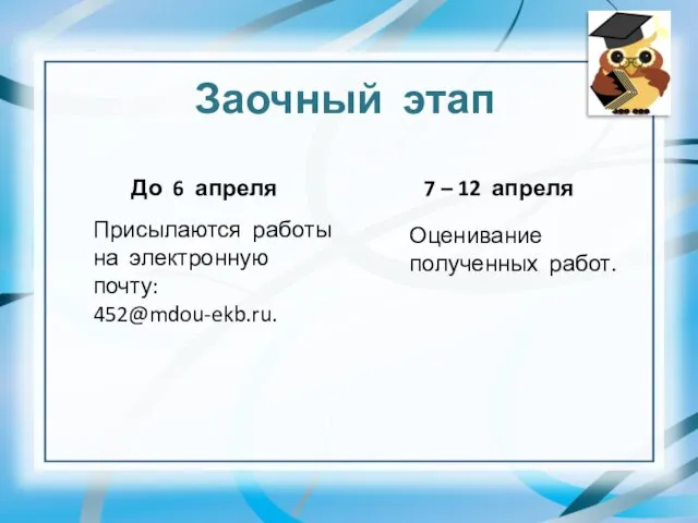 Заочный этап До 6 апреля Присылаются работы на электронную почту: