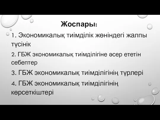 Жоспары: 1. Экономикалық тиімділік жөніндегі жалпы түсінік 2. ГБЖ экономикалық