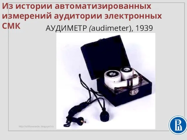 АУДИМЕТР (audimeter), 1939 http://istillloveradio.blogspot.ru Из истории автоматизированных измерений аудитории электронных СМК