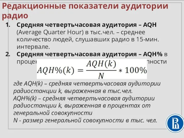 Редакционные показатели аудитории радио Средняя четвертьчасовая аудитория – AQH (Average