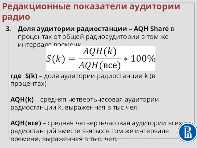 Доля аудитории радиостанции – AQH Share в процентах от общей