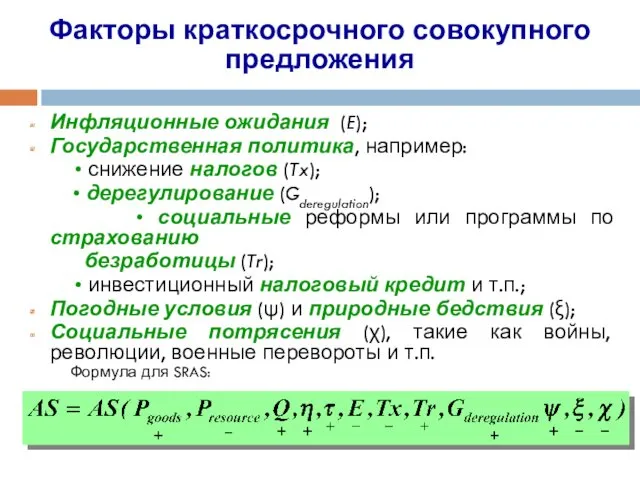 Факторы краткосрочного совокупного предложения Инфляционные ожидания (E); Государственная политика, например: