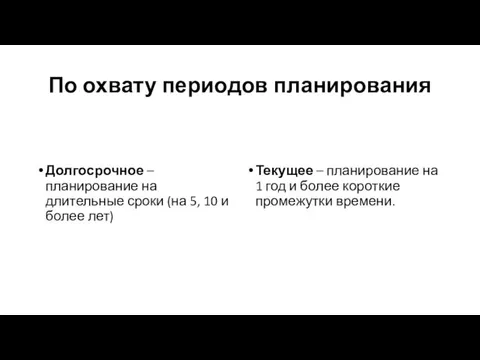 По охвату периодов планирования Долгосрочное – планирование на длительные сроки