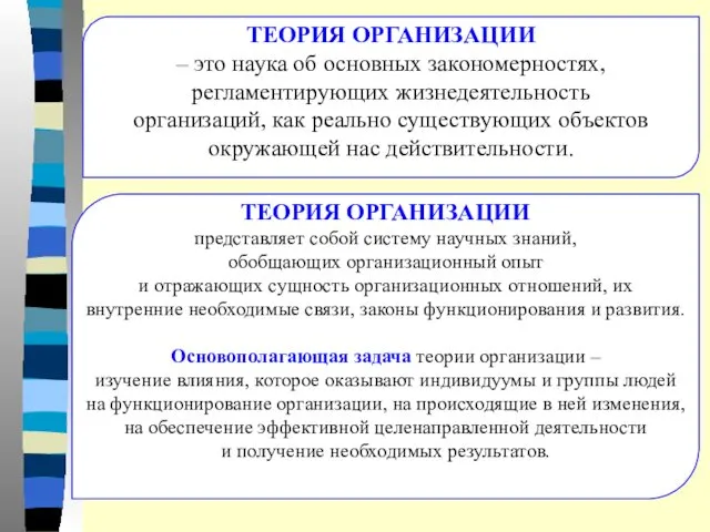 ТЕОРИЯ ОРГАНИЗАЦИИ – это наука об основных закономерностях, регламентирующих жизнедеятельность