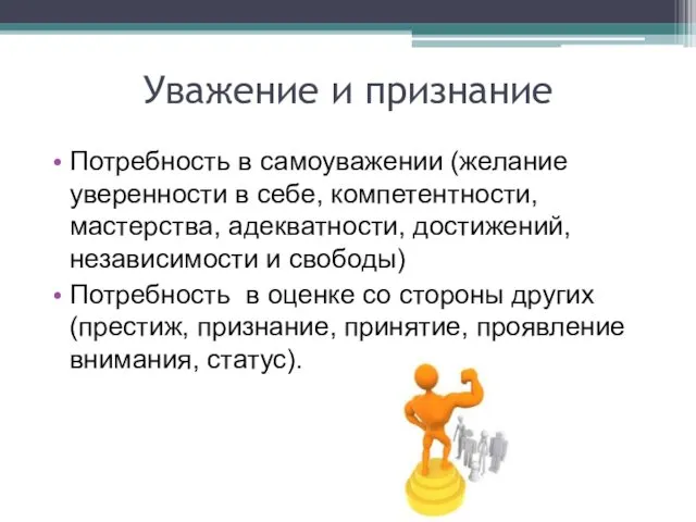 Уважение и признание Потребность в самоуважении (желание уверенности в себе,