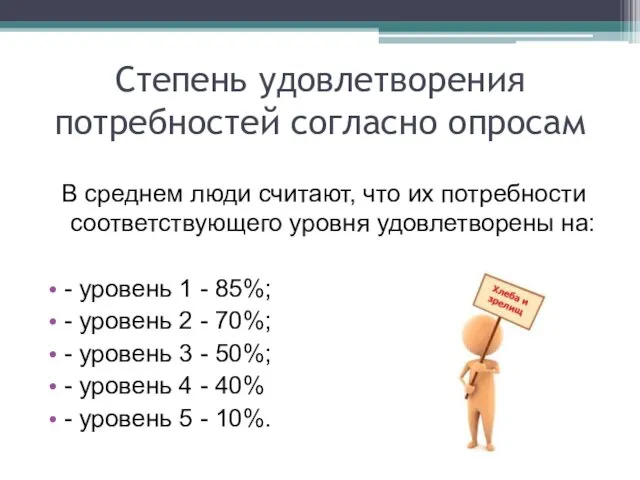 Степень удовлетворения потребностей согласно опросам В среднем люди считают, что