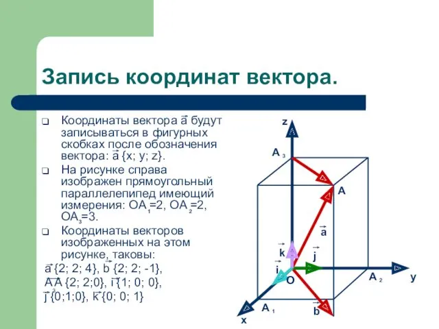 Запись координат вектора. Координаты вектора а будут записываться в фигурных