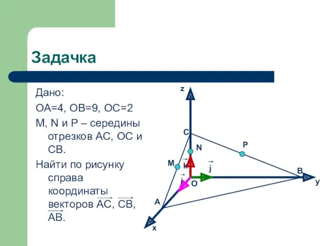 Задачка Дано: ОА=4, ОВ=9, ОС=2 M, N и P –