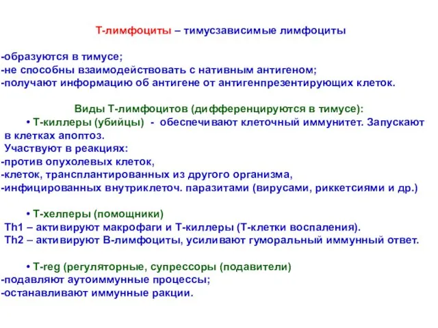 Т-лимфоциты – тимусзависимые лимфоциты образуются в тимусе; не способны взаимодействовать