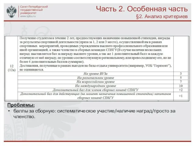 Часть 2. Особенная часть §2. Анализ критериев Проблемы: баллы за сборную: систематическое участие/наличие наград/просто за членство.