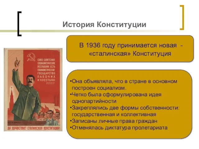 История Конституции В 1936 году принимается новая - «сталинская» Конституция