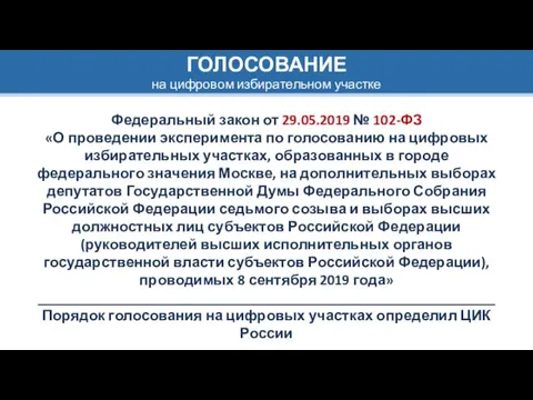 ГОЛОСОВАНИЕ на цифровом избирательном участке Федеральный закон от 29.05.2019 №