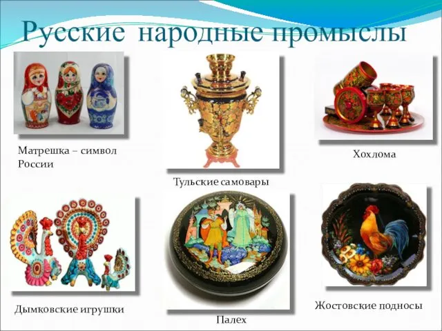 Русские народные промыслы Тульские самовары Жостовские подносы Палех Хохлома Матрешка – символ России Дымковские игрушки