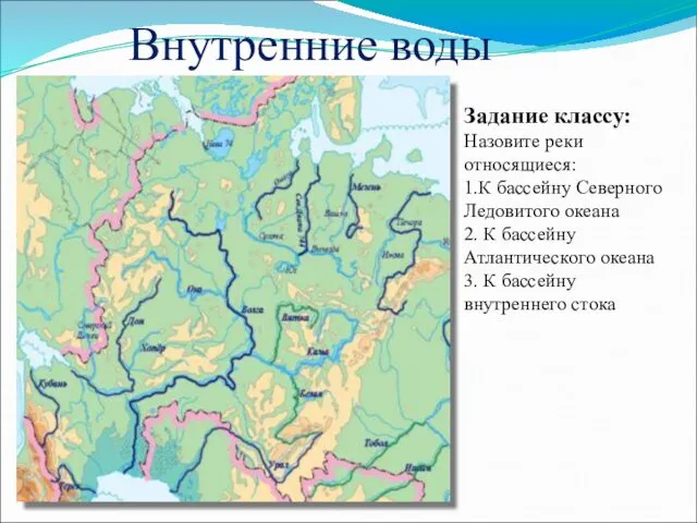 Внутренние воды Задание классу: Назовите реки относящиеся: 1.К бассейну Северного