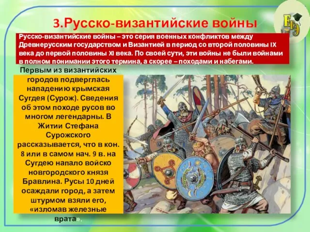 3.Русско-византийские войны Русско-византийские войны – это серия военных конфликтов между