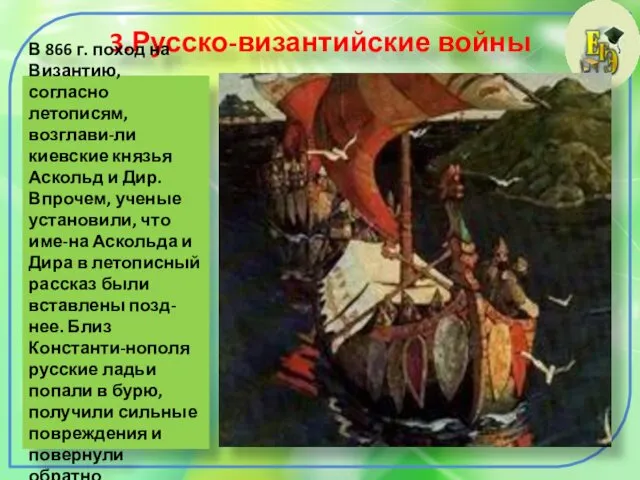 3.Русско-византийские войны В 866 г. поход на Византию, согласно летописям,