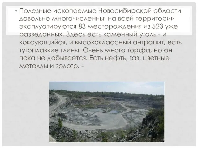 Полезные ископаемые Новосибирской области довольно многочисленны: на всей территории эксплуатируются