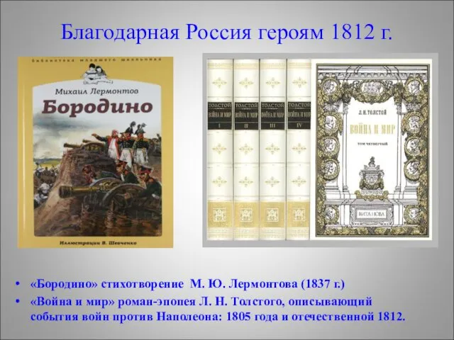 Благодарная Россия героям 1812 г. «Бородино» стихотворение М. Ю. Лермонтова