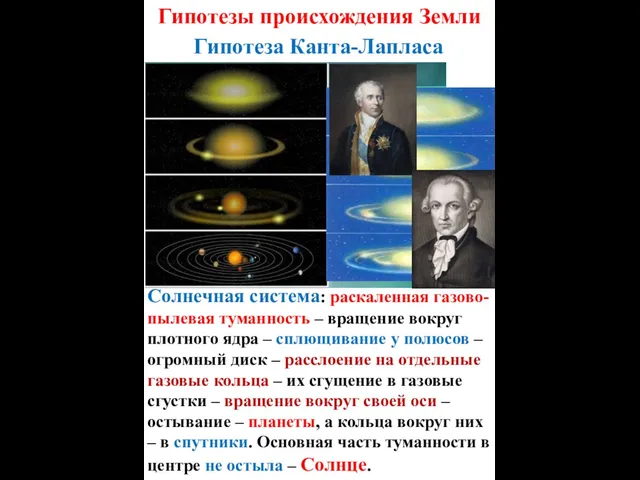 Гипотеза Канта-Лапласа Гипотезы происхождения Земли Солнечная система: раскаленная газово-пылевая туманность