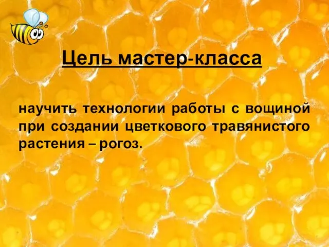 Цель мастер-класса научить технологии работы с вощиной при создании цветкового травянистого растения – рогоз.