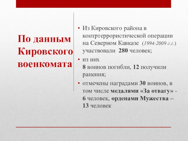 Из Кировского района в контртеррористической операции на Северном Кавказе (1994-2009 г.г.) участвовали 280