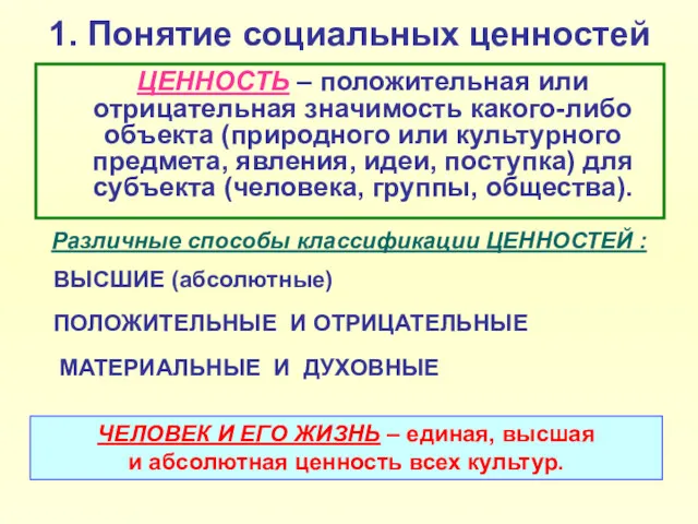 1. Понятие социальных ценностей ЦЕННОСТЬ – положительная или отрицательная значимость