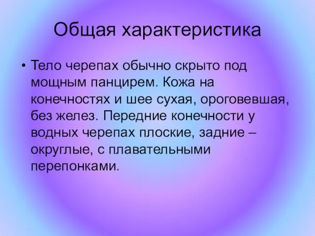 Общая характеристика Тело черепах обычно скрыто под мощным панцирем. Кожа