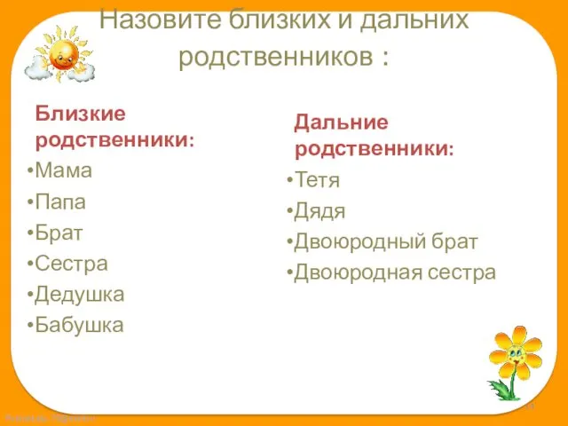 Назовите близких и дальних родственников : Близкие родственники: Мама Папа