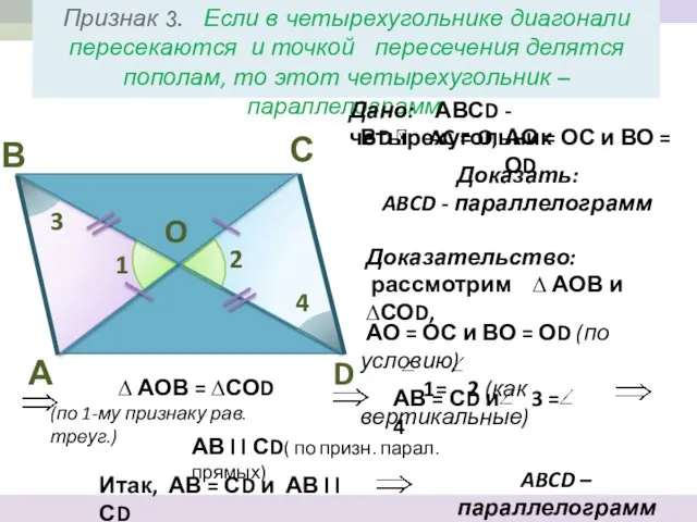 АВ = СD и 3 = 4 АО = ОС