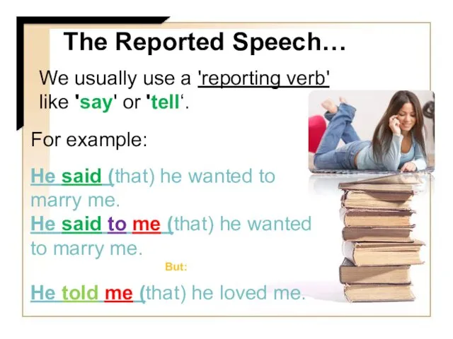 We usually use a 'reporting verb' like 'say' or 'tell‘. The Reported Speech…