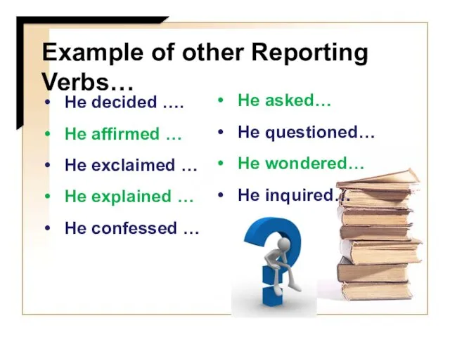 Example of other Reporting Verbs… He decided …. He affirmed … He exclaimed