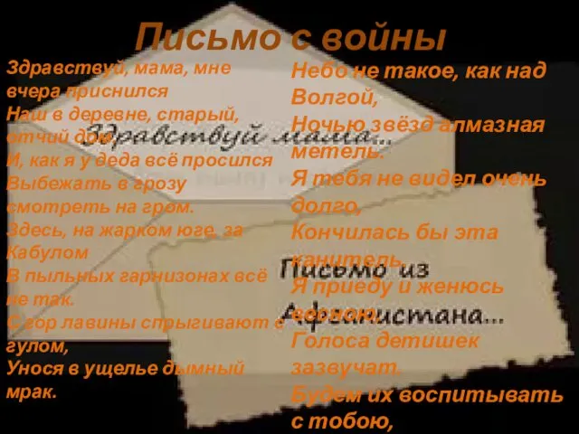 Письмо с войны Здравствуй, мама, мне вчера приснился Наш в