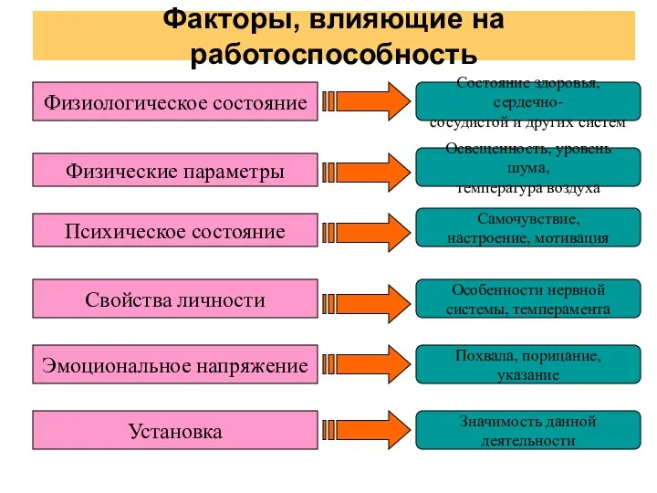 Факторы, влияющие на работоспособность Физиологическое состояние Физические параметры Психическое состояние