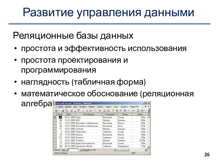 Развитие управления данными Реляционные базы данных простота и эффективность использования