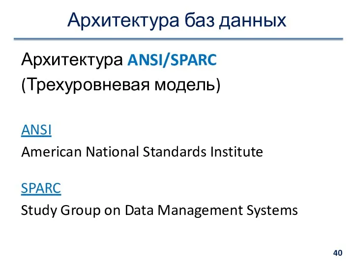 Архитектура баз данных Архитектура ANSI/SPARC (Трехуровневая модель) ANSI American National