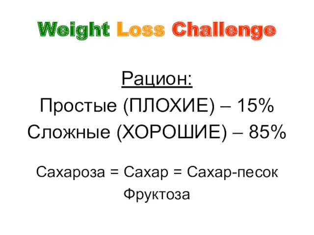 Weight Loss Challenge Рацион: Простые (ПЛОХИЕ) – 15% Сложные (ХОРОШИЕ)