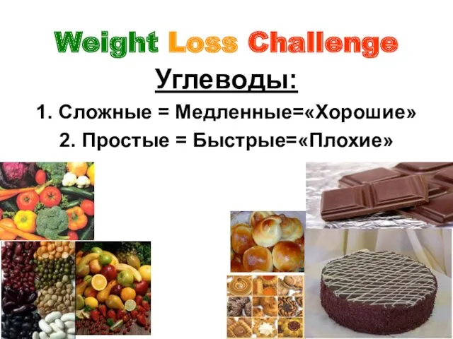 Weight Loss Challenge Углеводы: 1. Сложные = Медленные=«Хорошие» 2. Простые = Быстрые=«Плохие»