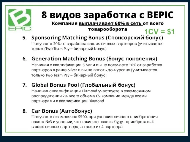 8 видов заработка c BEPIC Компания выплачивает 60% в сеть