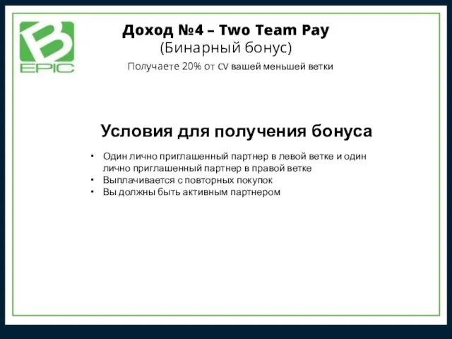 Доход №4 – Two Team Pay (Бинарный бонус) Условия для