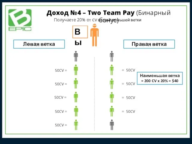 Получаете 20% от CV вашей меньшей ветки Вы Левая ветка