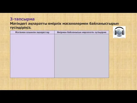 3-тапсырма Мәтіндегі ақпаратты өмірлік мәселелермен байланыстырып түсіндіріңіз.