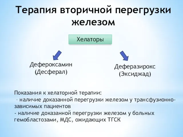 Терапия вторичной перегрузки железом Хелаторы Дефероксамин (Десферал) Деферазирокс (Эксиджад) Показания