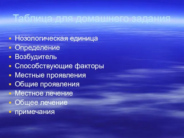 Таблица для домашнего задания Нозологическая единица Определение Возбудитель Способствующие факторы Местные проявления Общие