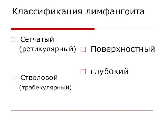 Классификация лимфангоита Сетчатый (ретикулярный) Стволовой (трабекулярный) Поверхностный глубокий