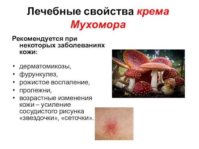 Лечебные свойства крема Мухомора Рекомендуется при некоторых заболеваниях кожи: дерматомикозы,