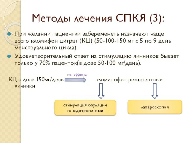 Методы лечения СПКЯ (3): При желании пациентки забеременеть назначают чаще