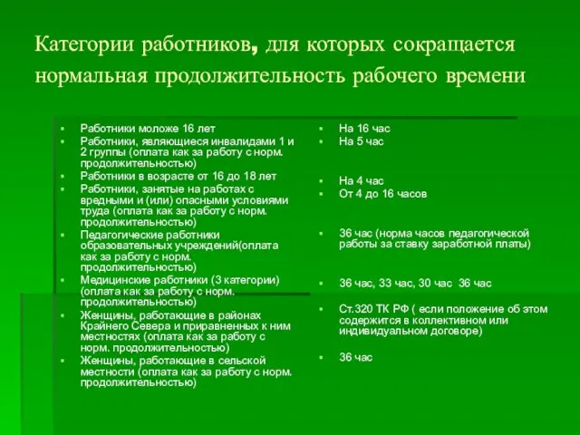 Категории работников, для которых сокращается нормальная продолжительность рабочего времени Работники