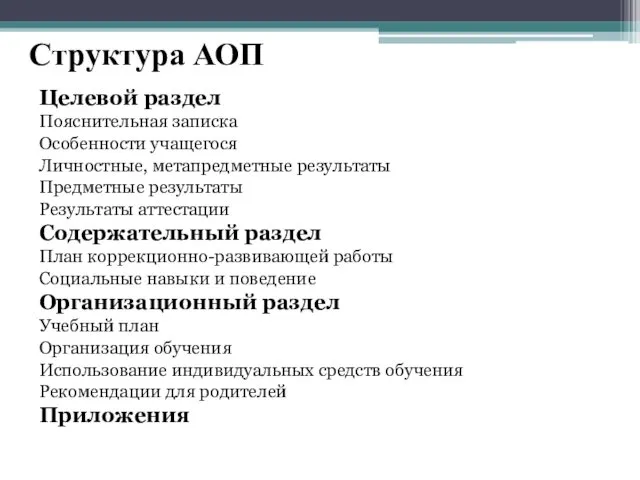 Структура АОП Целевой раздел Пояснительная записка Особенности учащегося Личностные, метапредметные