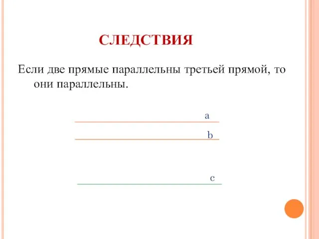 следствия Если две прямые параллельны третьей прямой, то они параллельны.